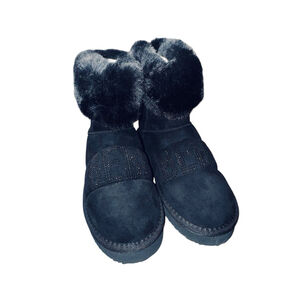 Women's Bebe Black Bronze Faux Fur Rhinestone Ankle Boots US 7